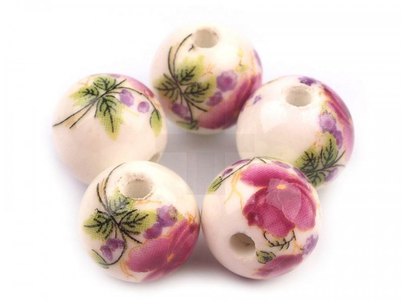 Porcelán gyöngyök virágokkal - 25 db/csomag Gyöngy-,gyöngyfűző